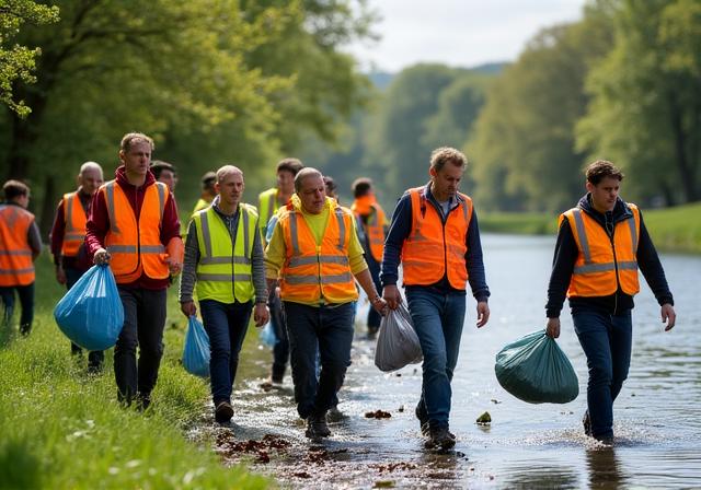 Volunteers in high-visibility vests collecting litter along the Liffey riverbank